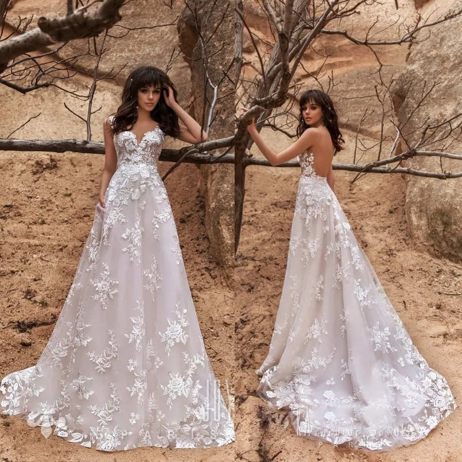 

A Line Lace Dresses Appliqued Sweep Train Sexy Backless Boho Wedding Dress Custom Made Country Long Cheap Vestidos De Novia