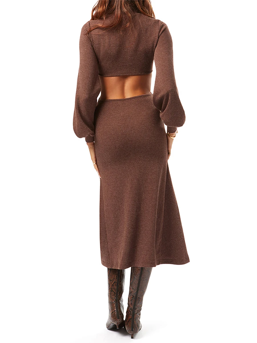 

Women s 2023 Fall Knit Sweater Dress Long Puff Sleeve Ribbed Cutout Waist Slim Bodycon Midi A-Line Swing Dress