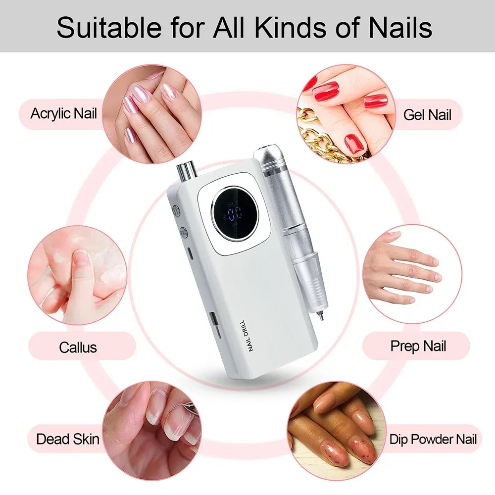 Portable Nail Drill Machine, 35000RPM Electric Nail File, Rechargeable Nail Drill, Acrylic Nail Natural Extension Poly Nails Gel