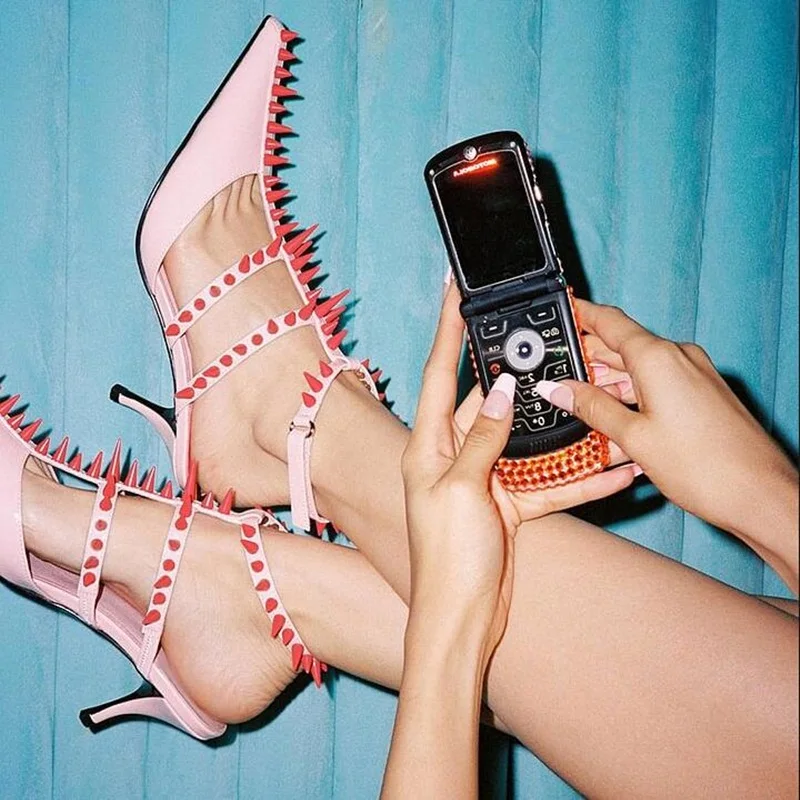 

T-bar Straps Rivets Kitten Heels Sandals Pink Black White Pointed Toe Studded Patent leather Spikes Shoes