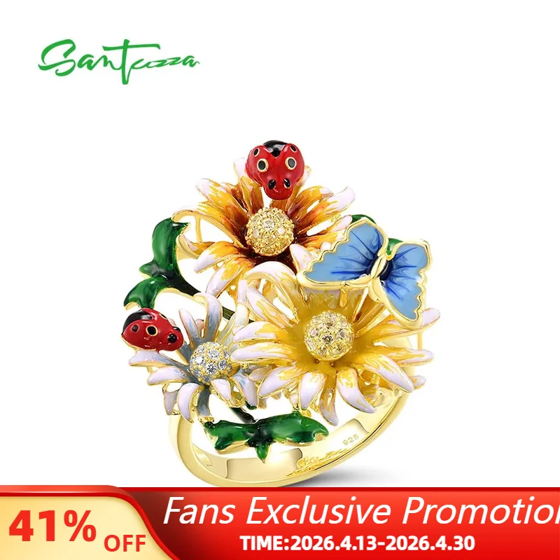 

SANTUZZA 925 Sterling Silver Rings For Women Champagne Yellow White CZ Enamel Flower Butterfly Ladybug Fine Jewelry Handmade