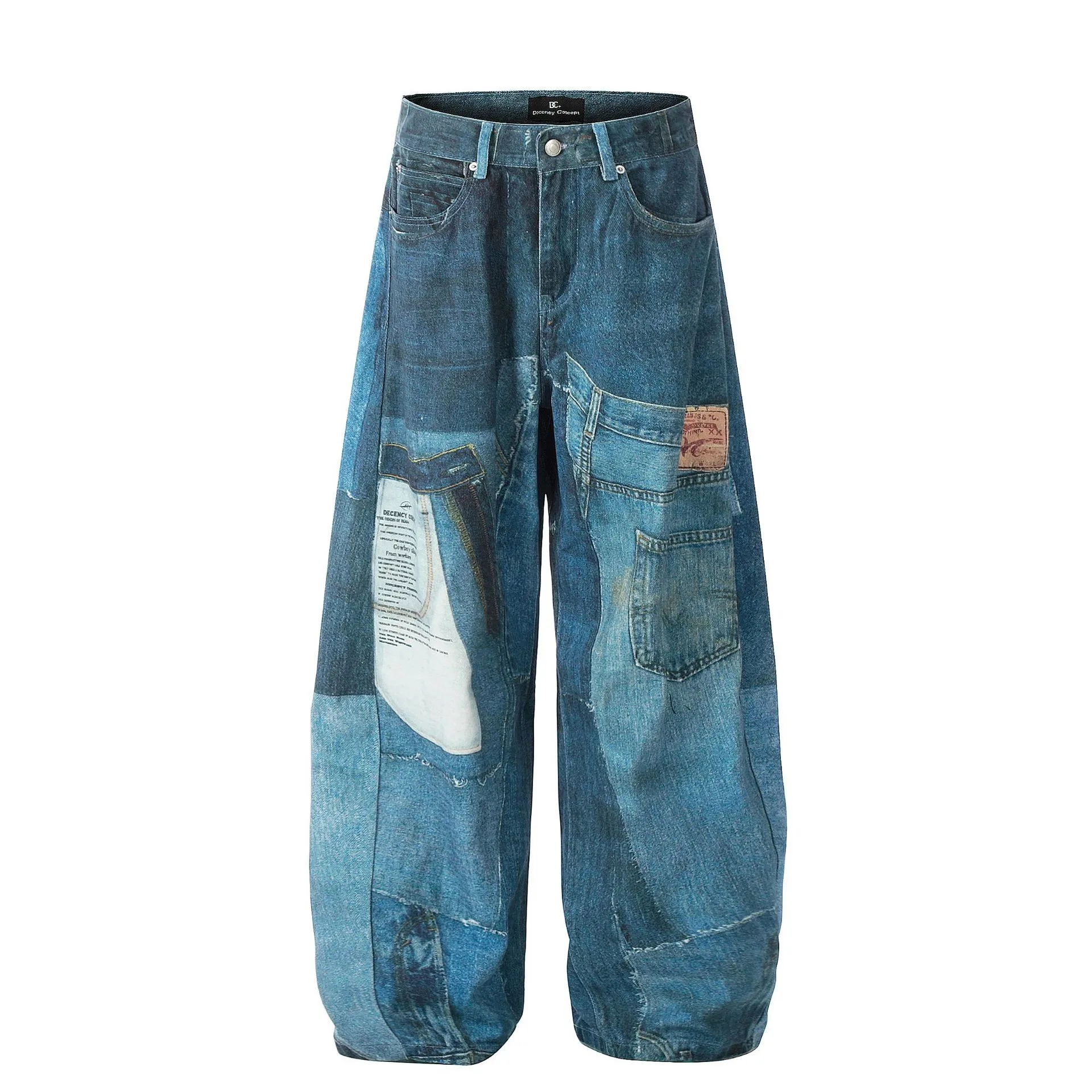 Spring Men's Clothing Baggy Pants Casual Streetwear Distressed Blue Irregular Print Jeans Vintage Washed Cotton Denim Long