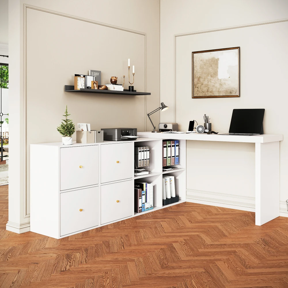Bureau d'angle PINGGO 360 °   Bureau d'ordinateur droit en forme de L avec plateau pivotant, pieds de table renforcés de 4 cm, 4 compartiments, 4 tiroirs, blanc 1