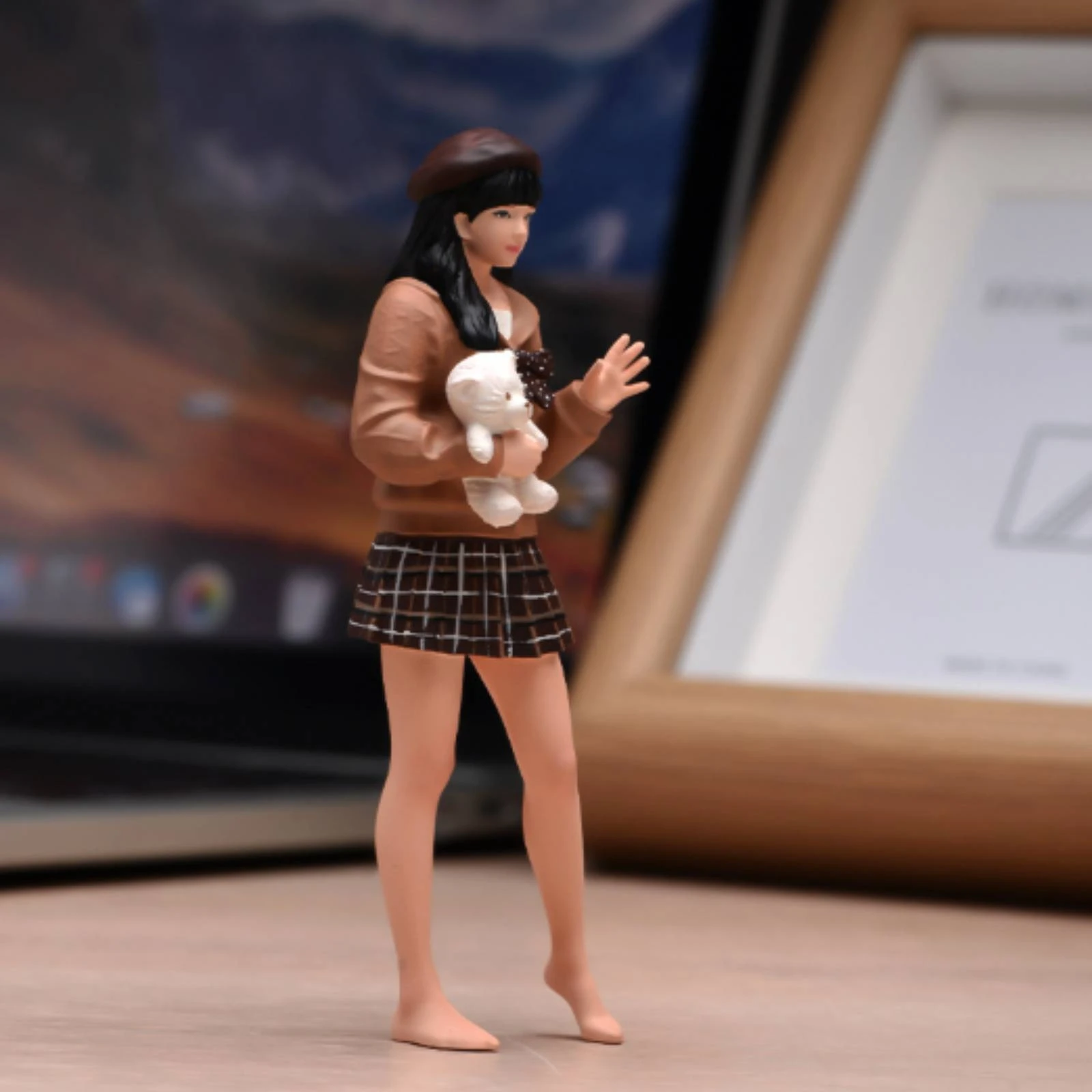 

Miniature Girl Figurine Hand-Painted Standing Girl Figurine Home Decor Plaid Skirt Micro Scene for Dioramas