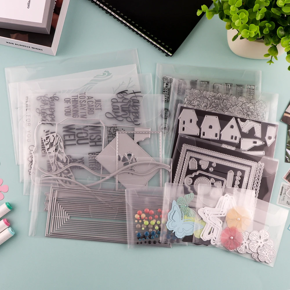10PCS/Set Clear Stamp Die Storage Bag 3.9*3.9/5*7/5.5*7.5/3.9*9.4/7*9.4inch Resealable Plastic Envelopes Pockets for DIY Storage