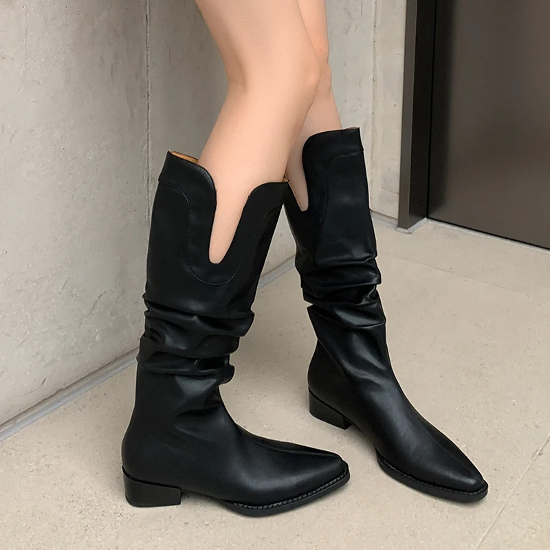 JOZHAMTA Size 34-40 Women Knee Boots Genuine Leather Retro Pointed Toe Thick Mid Heels Shoes Woman Winter Western Cowboy Boots