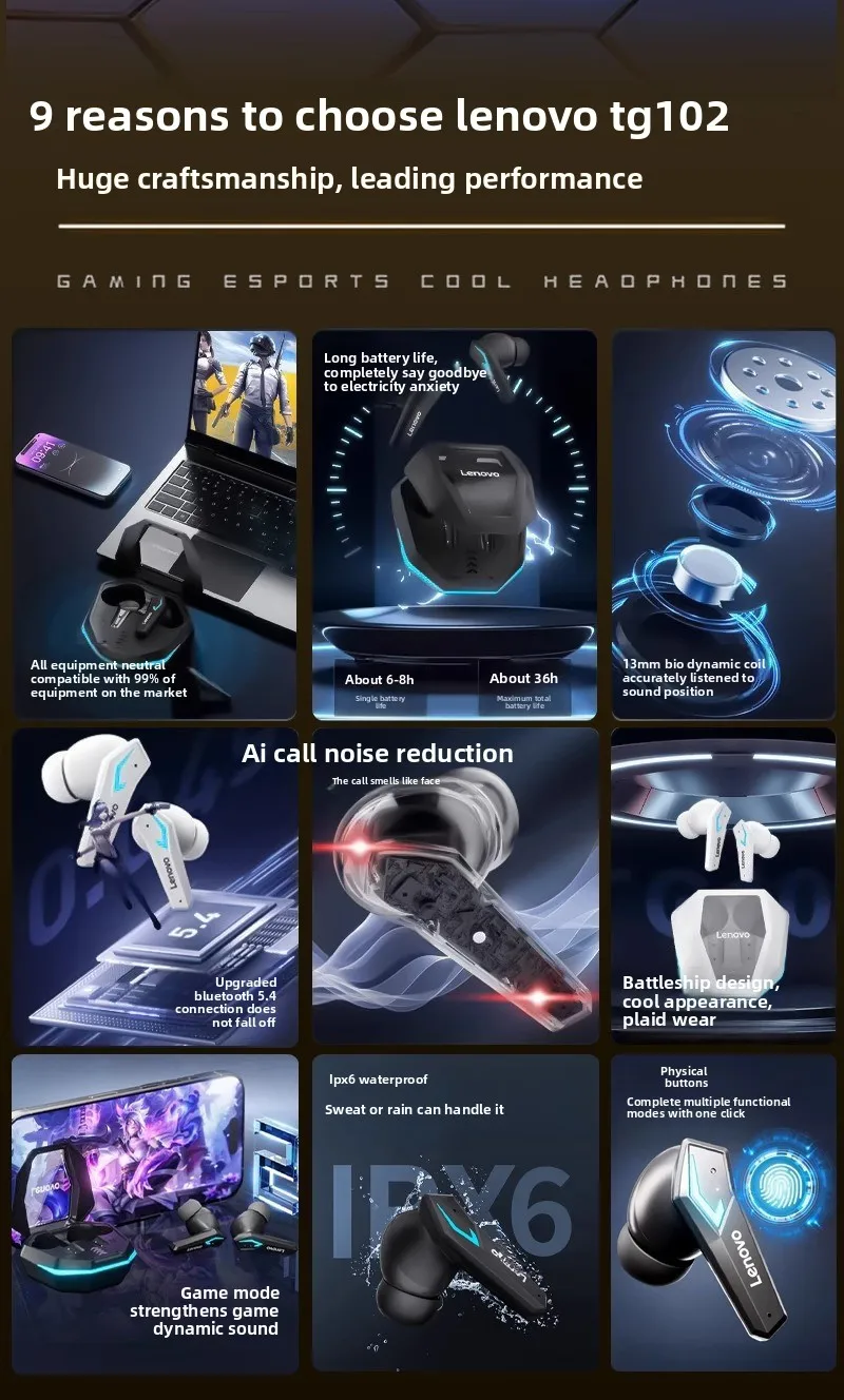 الأصلي لينوفو TG102 جديد سماعة لاسلكية تعمل بالبلوتوث 5.4 سماعات الكمون المنخفض الألعاب إلغاء الضوضاء سماعات HD ستيريو الموسيقى سماعات الأذن #5