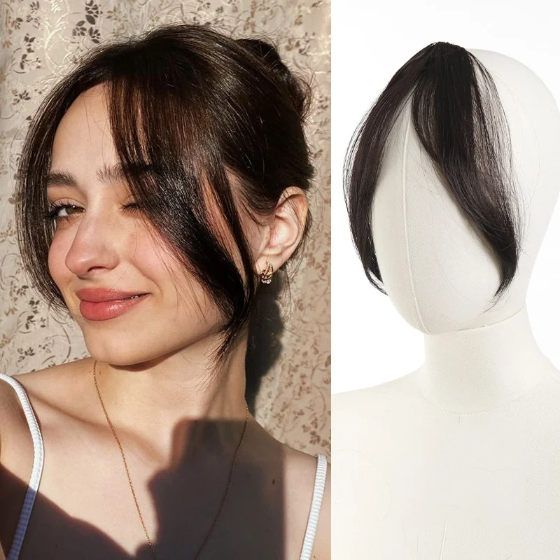 

Synthetic wig bangs, top of the head re-hair wig, and the middle of the gloss is divided into figure-eight bangs