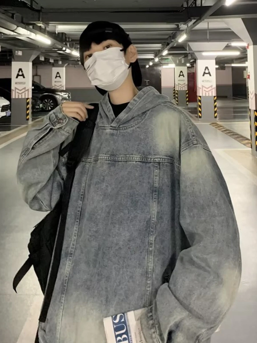 

Bla Faded Denim Hoodie Men's Trendy Brand Haome Waed High Street Oversize Loose Jaet Hooded Sweatirt Top for Teens