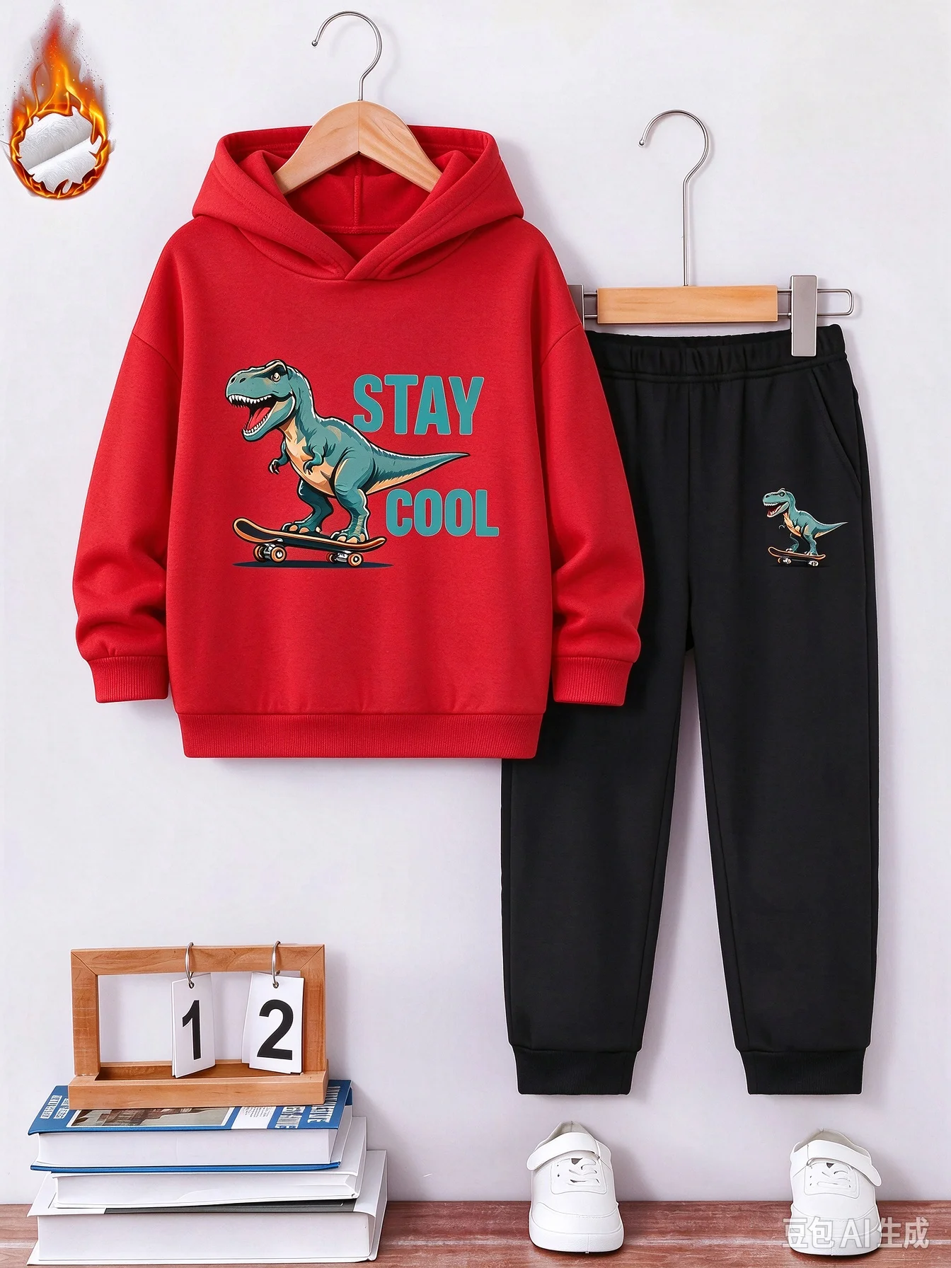 Boys' and Girls' Autumn/Winter Plush Hoodie+Sports Pants Set Colorful Tyrannosaurus Rex Dinosaur World Adventure Fun Pattern