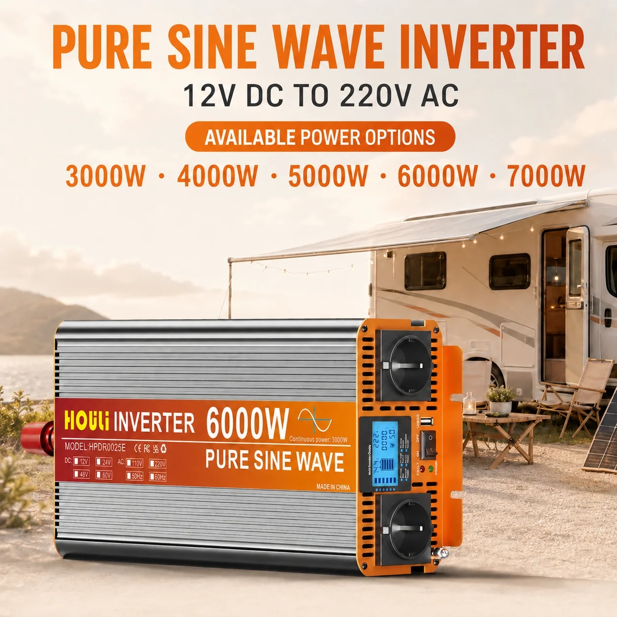 HOULI Inverter 12V 220V Onda Sinusoidale Pura Convertitore di Tensione per Auto Camper Campeggio Display LCD USB