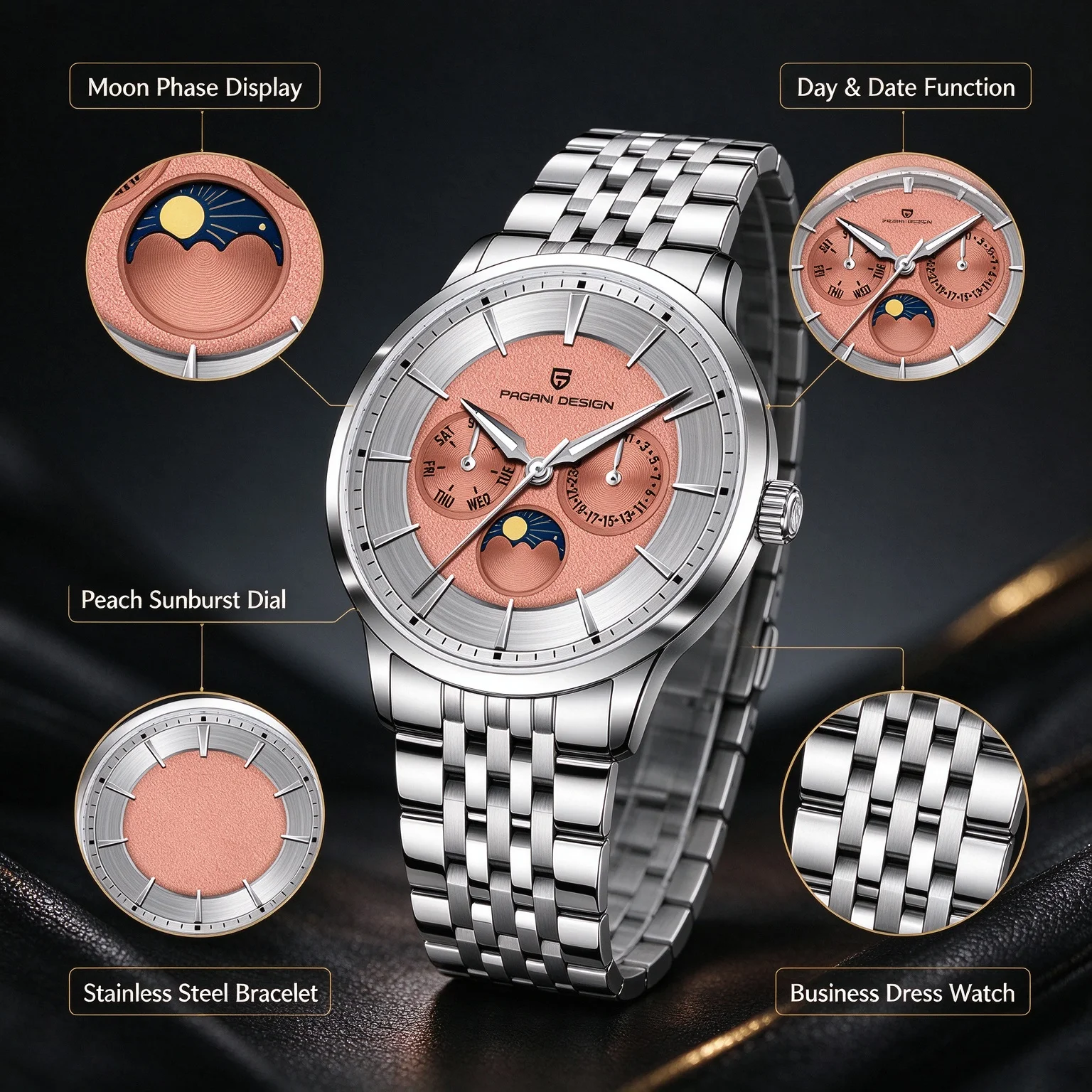 Pagani Design 40mm Men's Quartz Watch - Multifunctional with Moon Phase Japan Movt 100m Waterproof Sapphire Glass