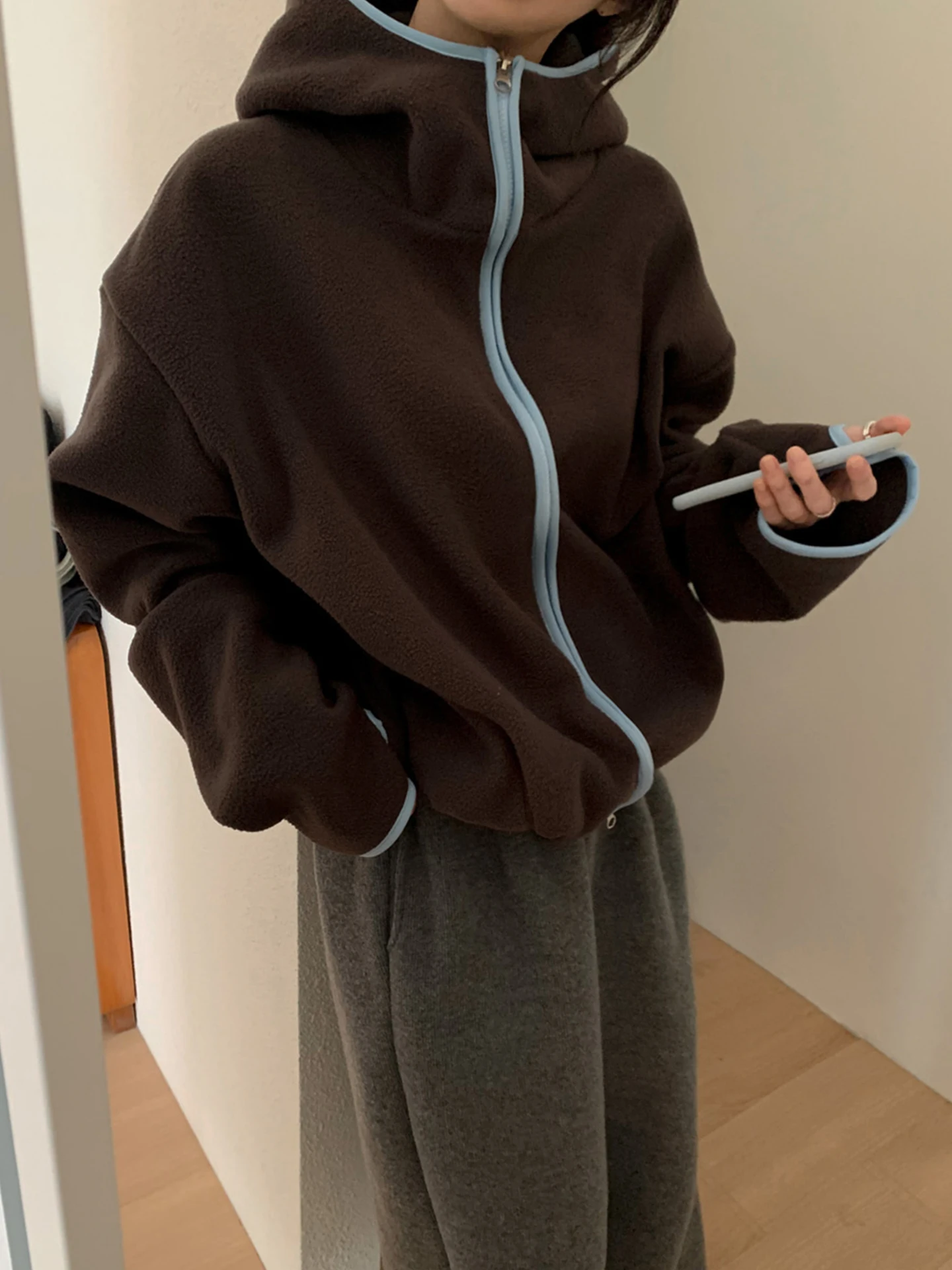 Ladies Double-Sided Fleece Hooded Jacket Lazy Style Color Block Loose Casual Top Polyester Fiber Long Sleeve Regular Length