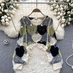 Elegant Long Sleeve Vintage Hook Flower Hollow Tassels Knit Pullover Korean Fashion Casual Sweater Autumn  Women Knitwear Tops