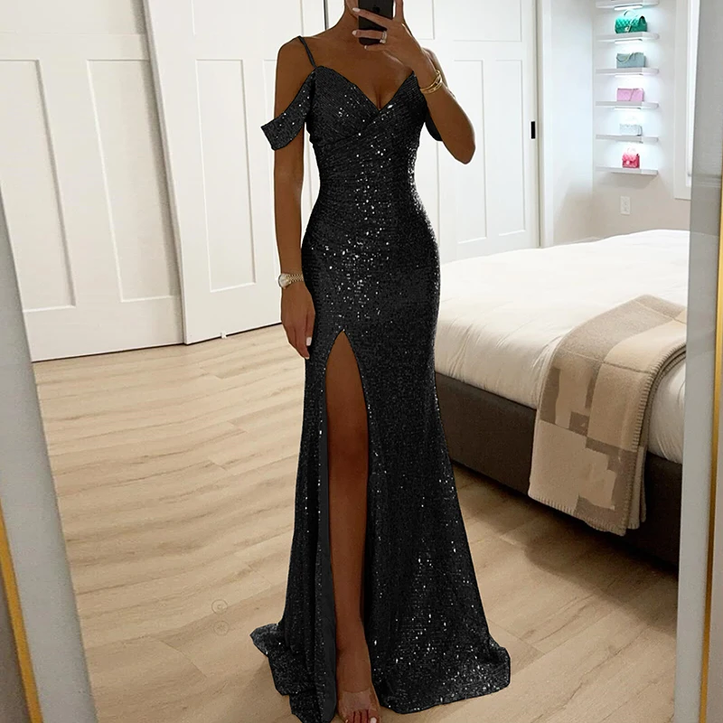 Women Elegant Shiny Sequin Solid Long Dress Fashion Hight Waist Slim Fit Party Dress Sexy V-neck Wrap Chest Split Evening Dress