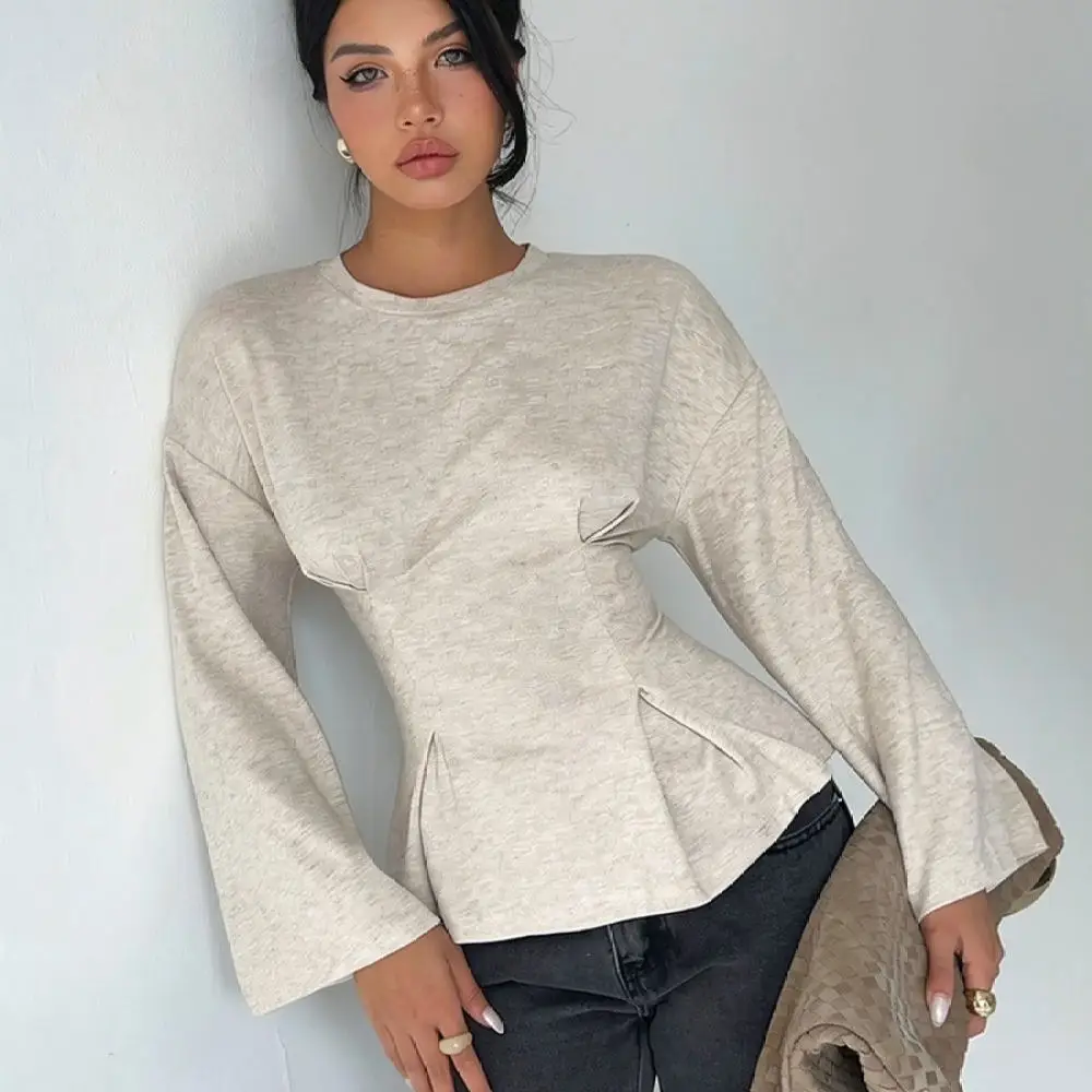 Spring Summer Women Long Sleeve T Shirt Flare Sleeve Fashion Casual Solid Color Slim Fit Elegant Commuter Pullover