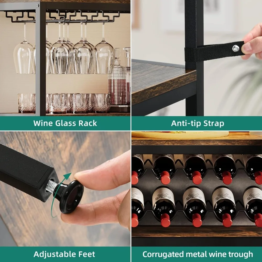 大型コーナーワインラック、電源コンセントとLEDライト付き63インチコーナーバーキャビネット、5段L字型工業用酒キャビネット