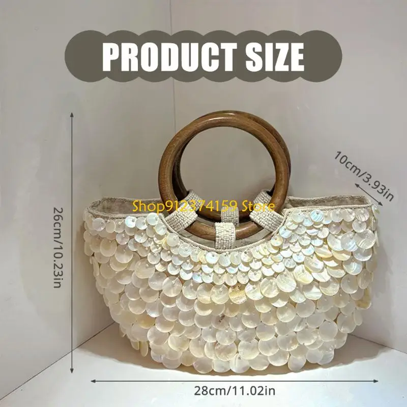 Elegant Beaded Shell Design Top Handle Purse Bohemian Style Handmade Handbag For Vacation Essential And Casual Occasion