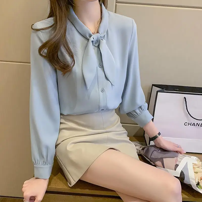 Fashion Bow Collar Long Sleeve Shirts Women Solid Ins Vintage Classic Formal Business Chiffon Workwear Mujer Blusas New Arrival