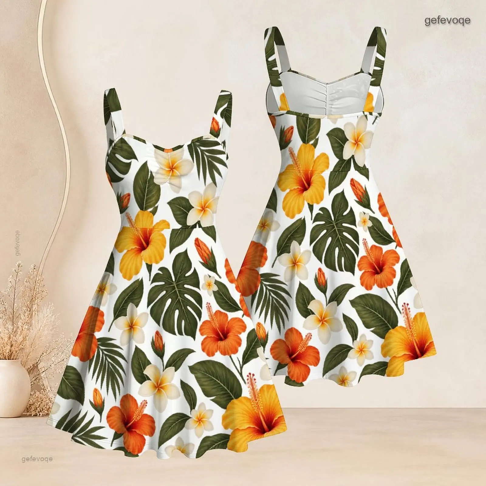 Women Sleeveless Strappy Dress, Printed Yellow Orange Hibiscus White Plumeria Green Tropical Leaf Pattern