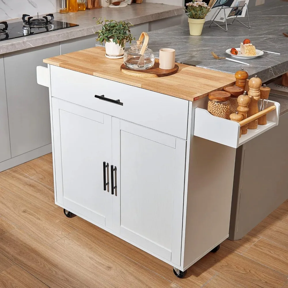 

Kitchen Island Cart with Solid Wood Top, Mobile Carts with Storage Cabinet, Rolling Kitchen Table with Spice Rack, Towel Rack