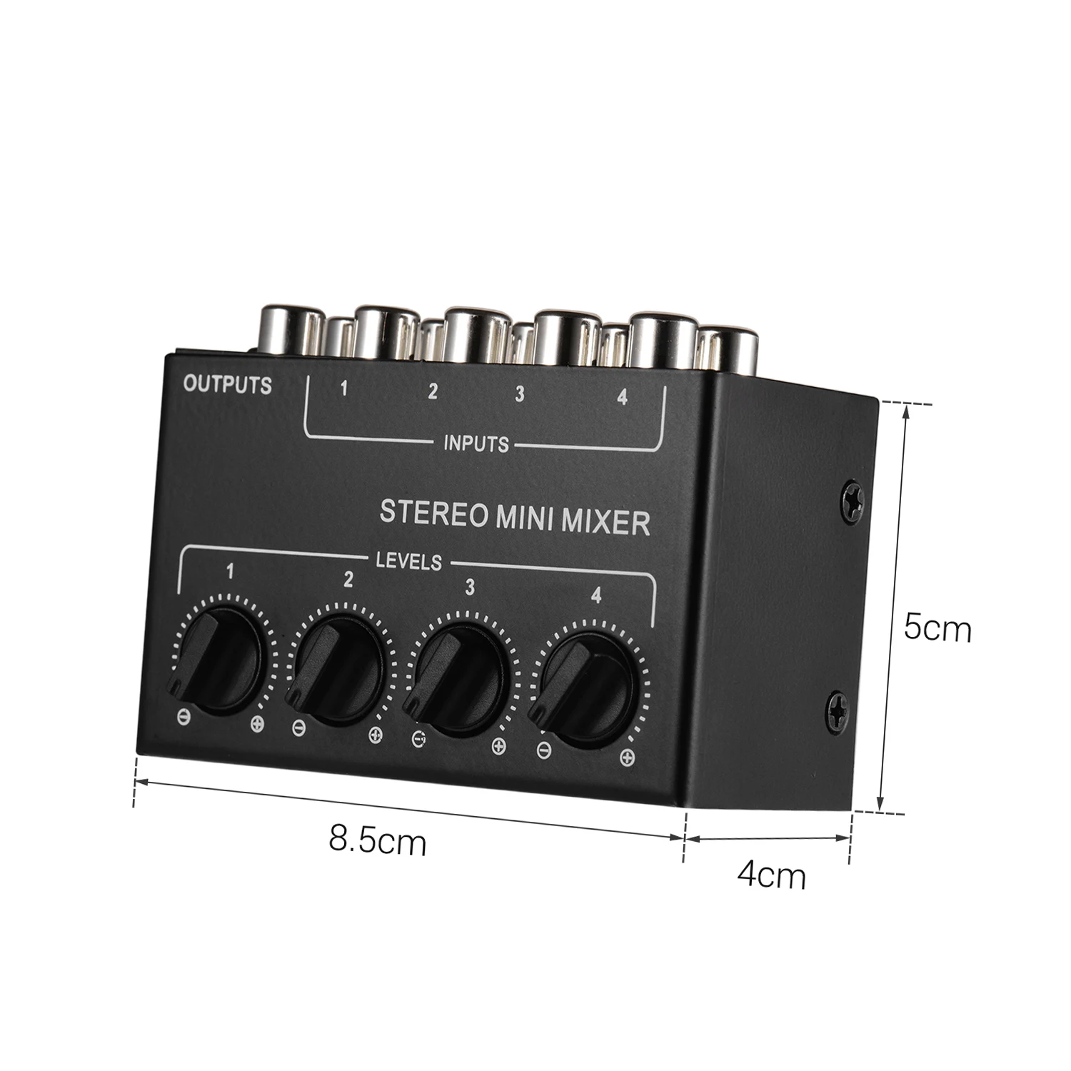 Mini Stereo Mixer Audio, 4-Channel RCA entradas, controles de volume separados, Full Metal Shell