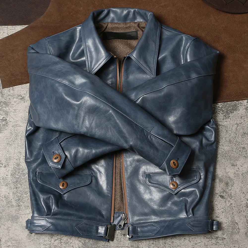 European Designer Air Force Mans Coat Motorcycle Overcoat Corium Horsehide Bomber Jacket For Man Luxury Leather Topcoat Sky Blue