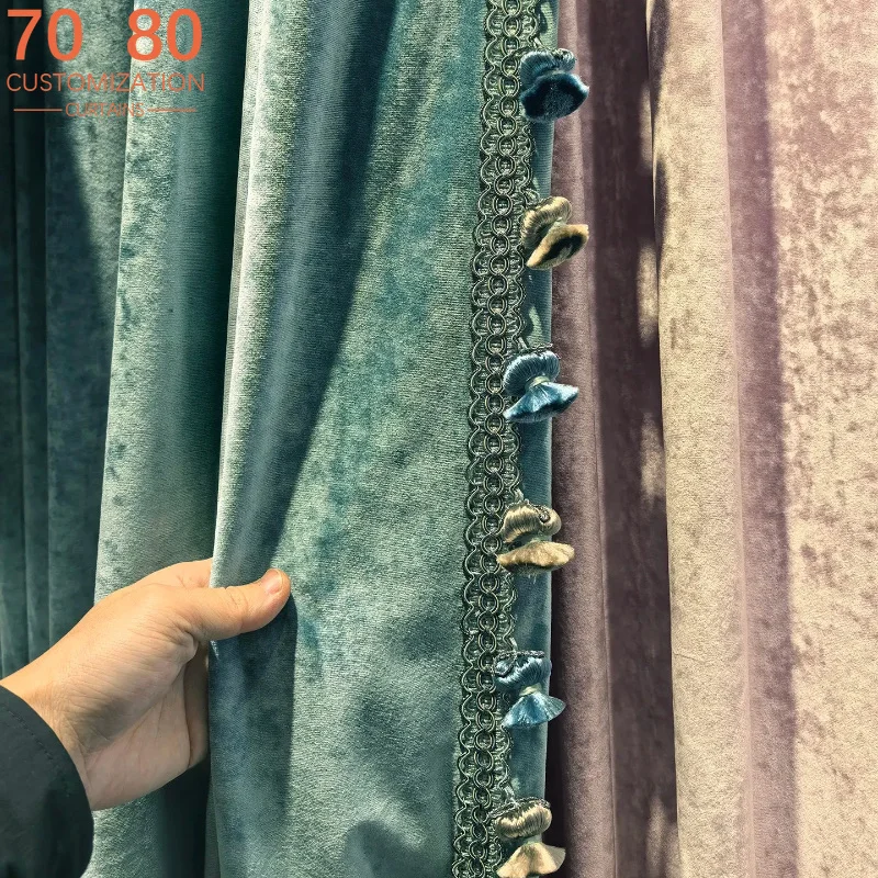 European Style Green Main File Velvet Thickened Curtains for Living Room Bedroom French Window Customized Window Screen Villa
