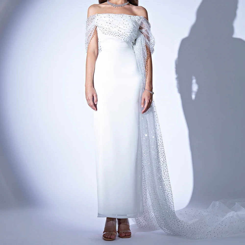 Delicate Jersey Straight Off the Shoulder Crystal Evening Dress Back Slit Boat Neck Sleeveless Floor Length Panel Train