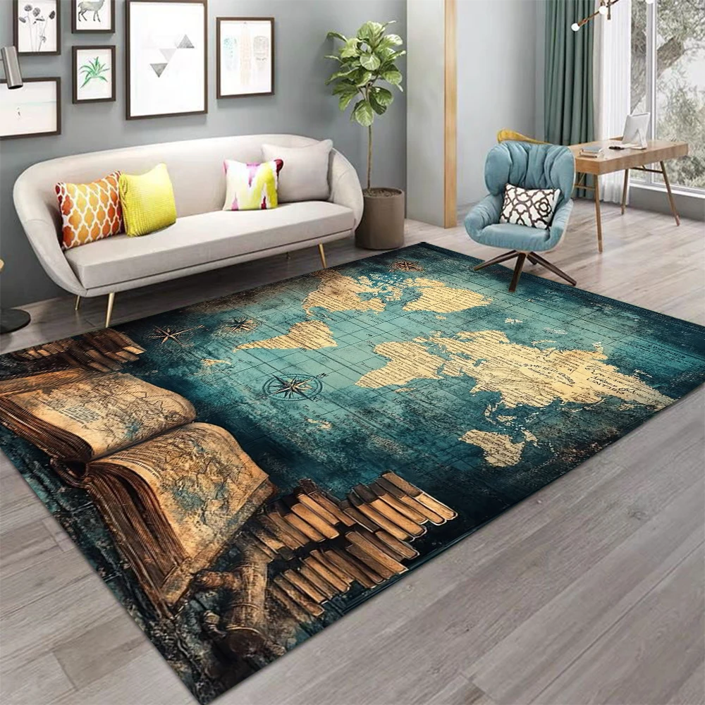 World Map Carpet Golden Cartography Design Vintage Book Pattern Large Area Rug for Living Room Study Decor