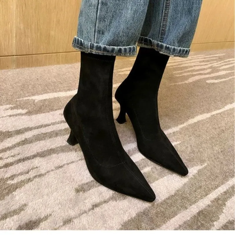 Women Suede Pointed Toe Sock Ankle Boots, Elegant Crystal‑Shape High Heel Booties With Back Zipper