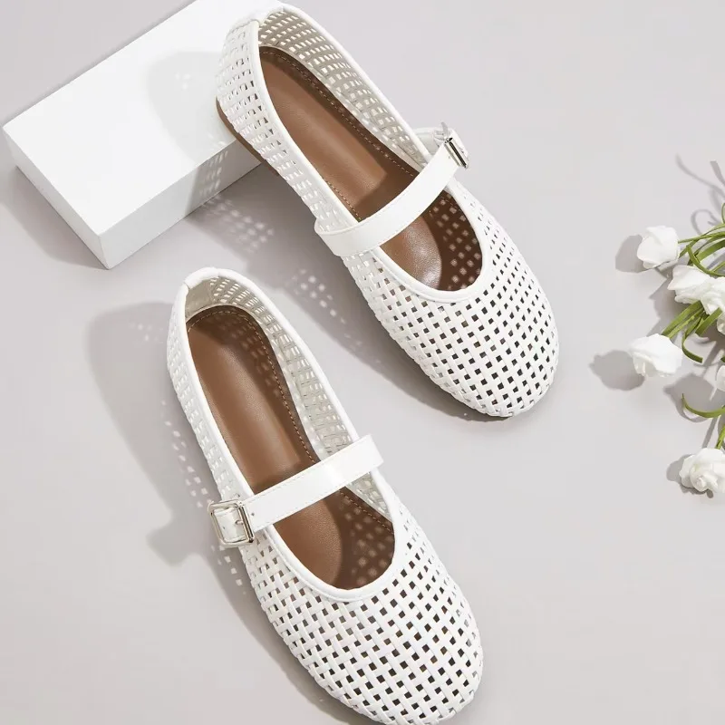 

Роскошная женская обувь 2025 года, высококачественные балетки Tengcao ручной работы с полой сеткой, повседневная обувь с плоской пряжкой 35–43