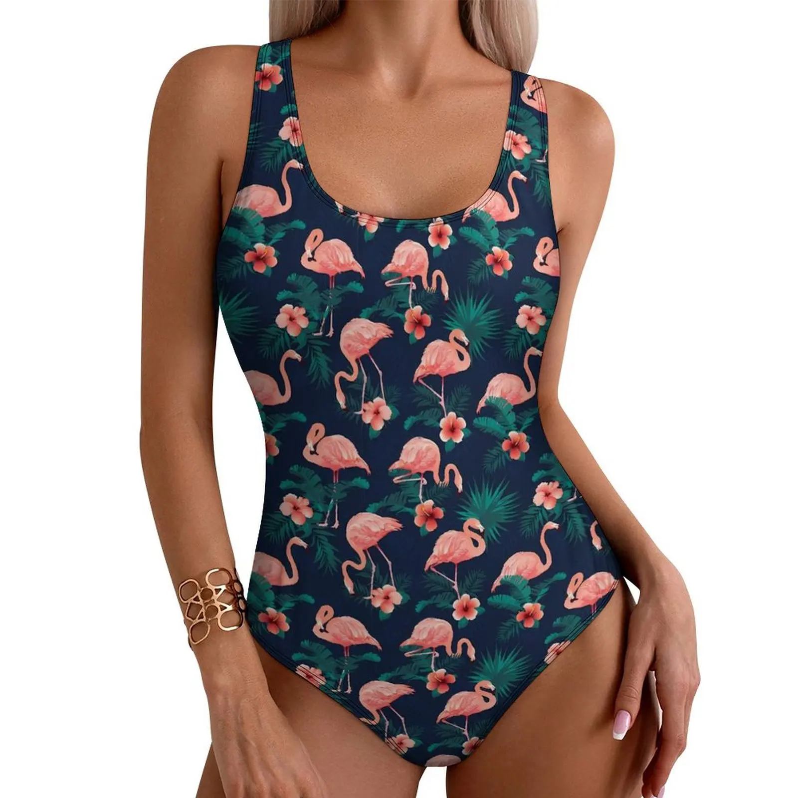 

Pink Bird Swimsuit Flamingo And Hibiscus One Piece Swimwear Push Up Trendy Monokini Sexy Holiday Pool Custom DIY Beachwear