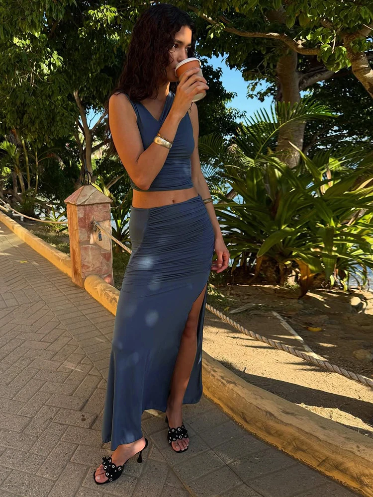 

Whatiwear High Street Style 2 Piece Set Women Sexy V-Neck Folds Tank Tops+Side Splits Long Skirts Matching Elegant Fashion Suits
