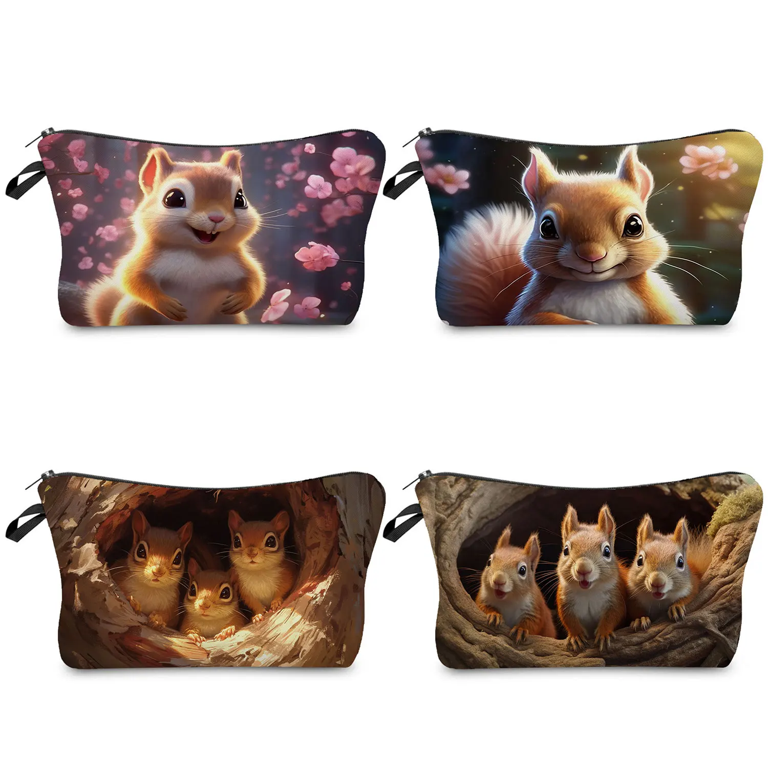 Cute Squirrel Print Makeup Bags Kawaii Cartoon Animal Travel Toiletry Bags Portable Storage Bags Casual Zipper Cosmetic Bags