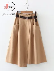 Women Casual Skirts Spring And Autumn Solid High Waist Irregular Pockets Midi Skirts Fashion Simple Elegant Saia Faldas