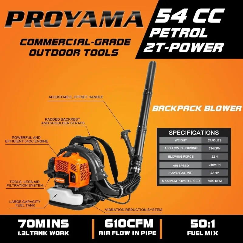 54CC Gas Powered Backpack Leaf Blower 780CFM 248MPH Extreme Duty 2-Cycle Gasoline image 2