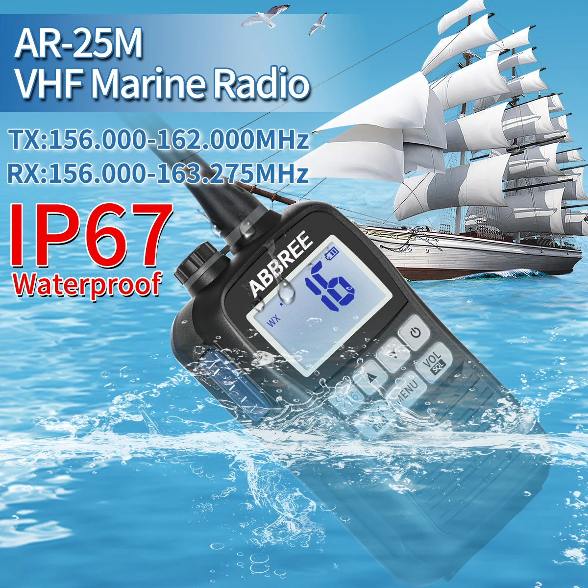 ABBREE AR-25M Marine Radio Transceiver IP67 Waterproof Handheld VHF Walkie Talkie Amateur NOAA Floating Two Way Radio For Boat