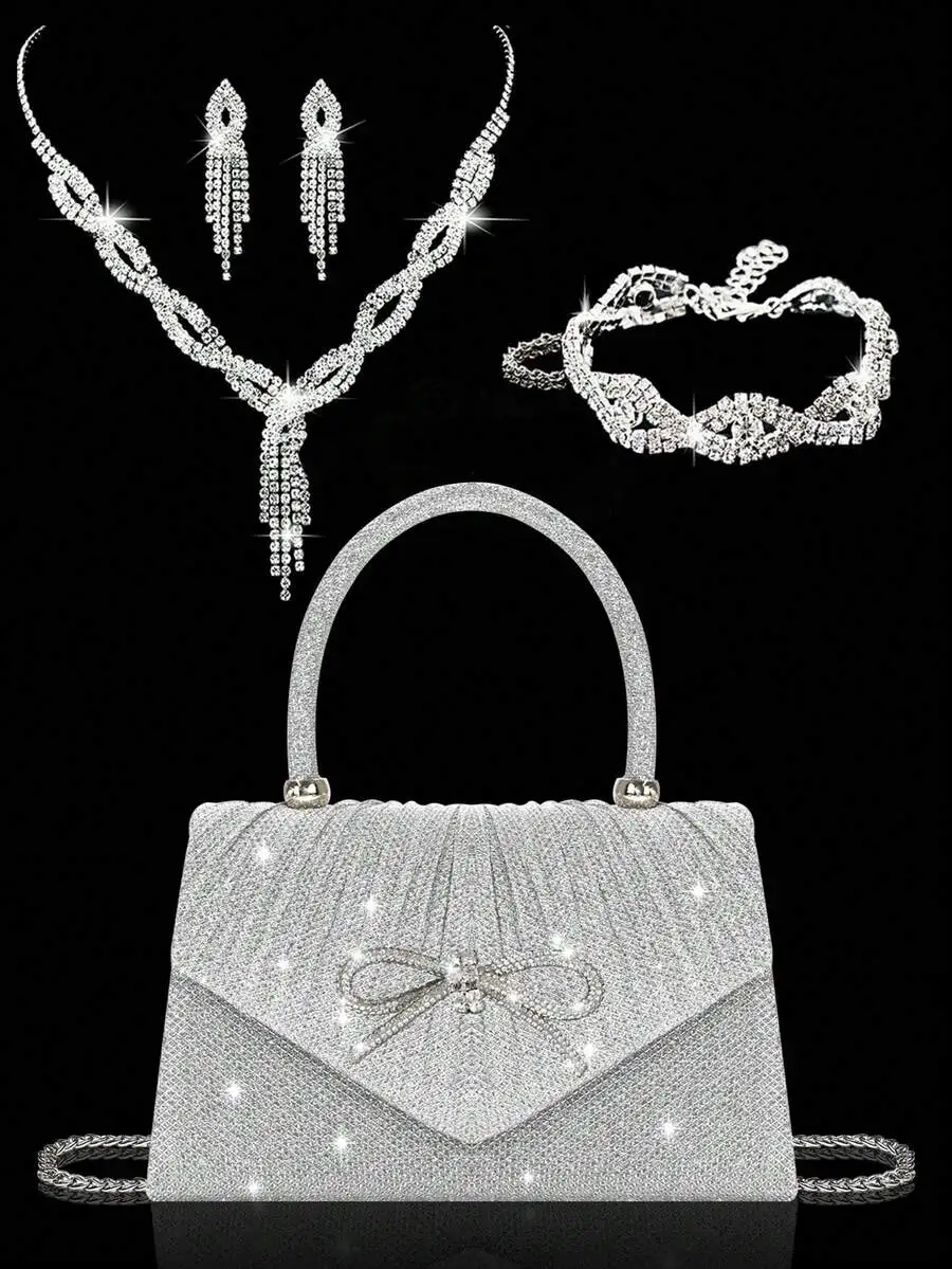 

Rhinestone Evening Bag With Necklace Earrings Bracelet 4-Piece Set For Women