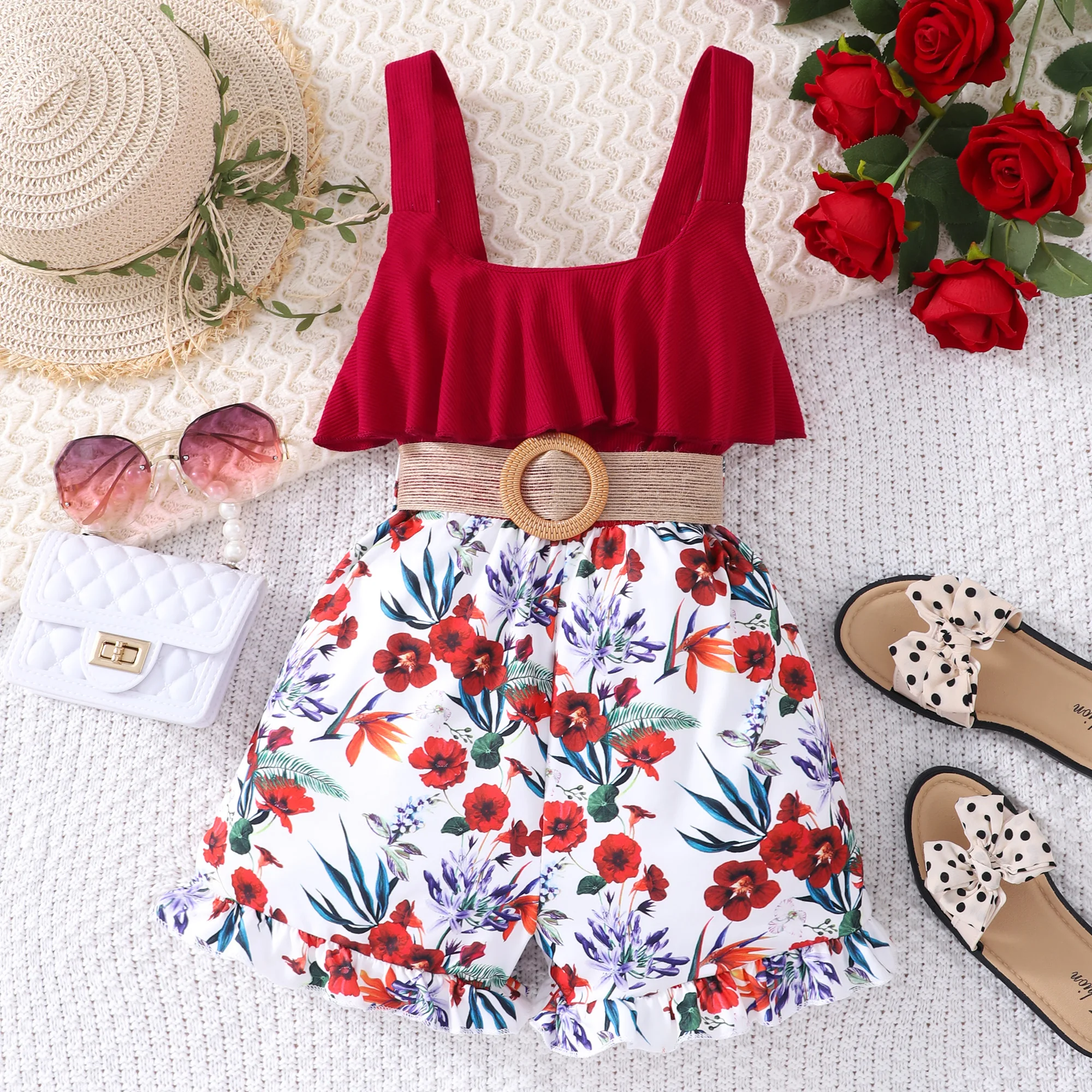 2024 Summer Set Teen Girl Clothes 8 9 10 11 12 Years Old Kids Girl Suit Red Flower Short Sleeves Vest and Shorts Children Outfit