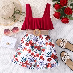 2024 Summer Set Teen Girl Clothes 8 9 10 11 12 Years Old Kids Girl Suit Red Flower Short Sleeves Vest and Shorts Children Outfit