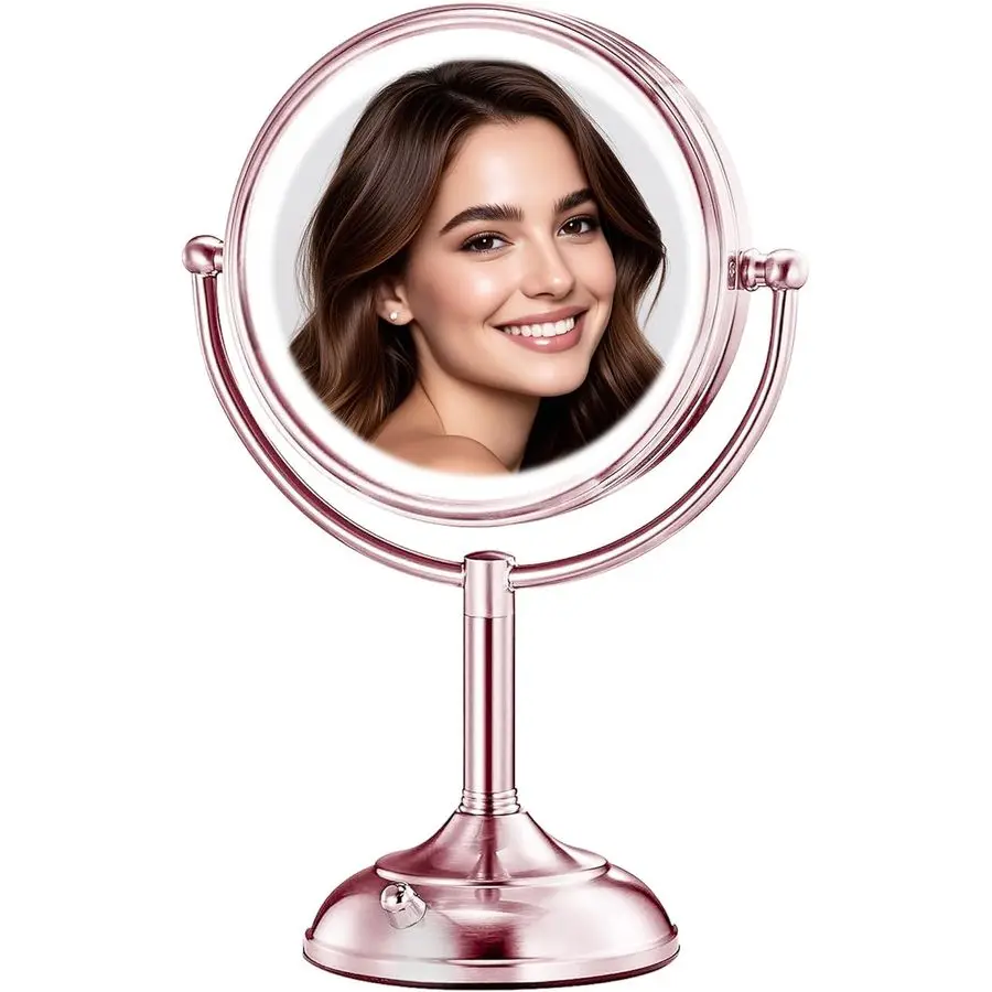 

Lighted Makeup Mirror Rose Gold Nickel, Double Sided 1X 10X HD Undistorted Magnifying Mirror, 8.5 Vanity Mirror with 3 Colors Di
