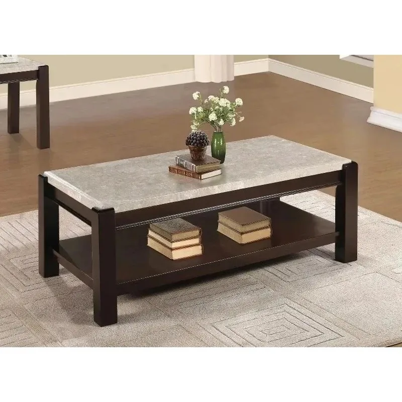 

Coffee table with convertible marble top and dark cherry finish wood frame for living room furniture