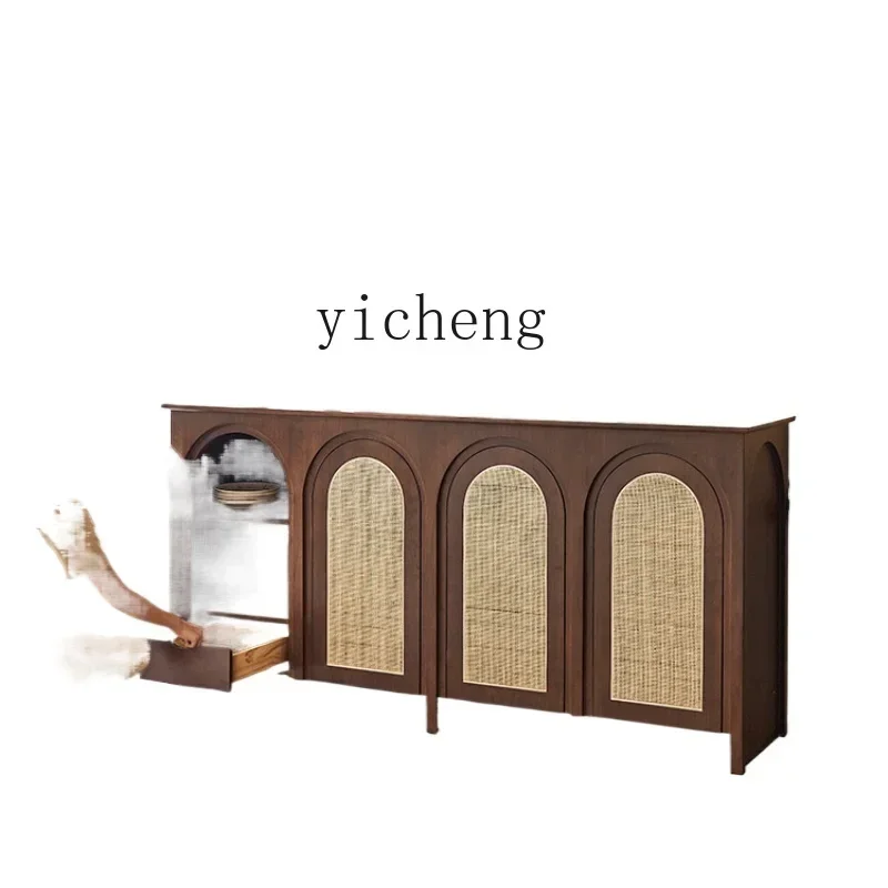 

retro dining side cabinet solid wood rattan household storage porch against the wall arched tea cabinet