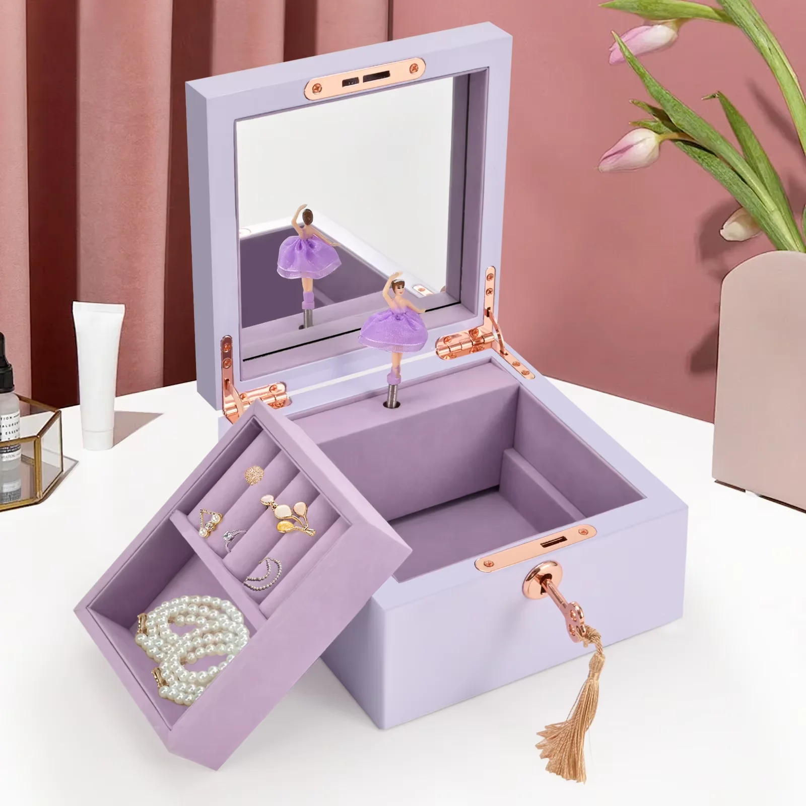 Musical Ballerina Jewellery Box with Metal Bow,Mirror and Tassel Key for Girls and Women, Kid's Jewelry Storage Box Music Chest