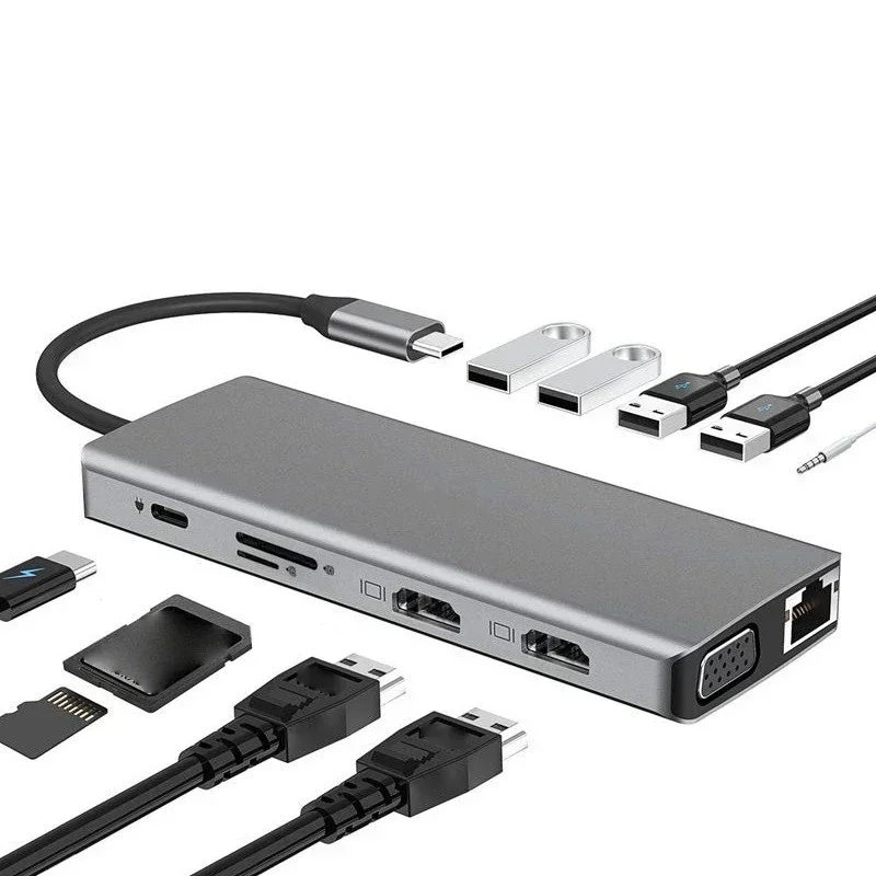 USB-концентраторы 11 в 1, адаптер для ноутбука типа C с 4K HDMI-совместимой VGA/TF-картой, 100 м, 87 Вт, разветвитель док-станции PD