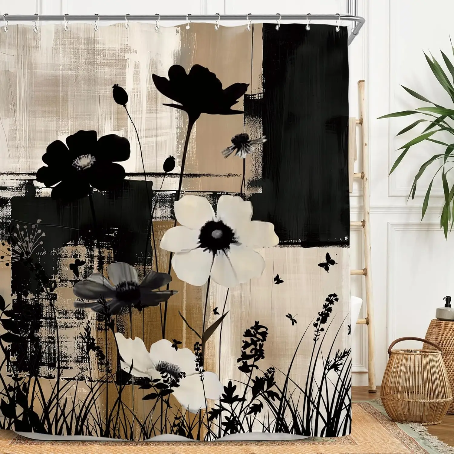Abstract Modern Plant Flower Shower Curtain Set Black Tan Contemporary Minimalist Brushstroke Botanical Art Waterproof Bathroom