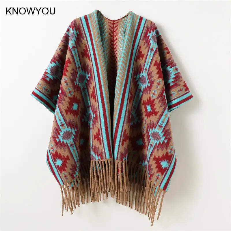 Women Men Wraps Warm Scarf Printed Fringe Two Wear National Wind Warm Shawl Mitation Cashmere Muffler Male Poncho Jacket