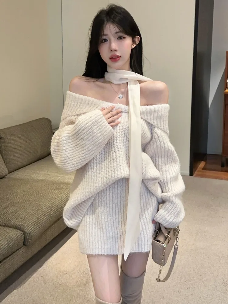 

Unique Beautiful Knitted Knot One Shoulder Sweater Women's Autumn Winter Thickened Short Skirt Two Piece Set