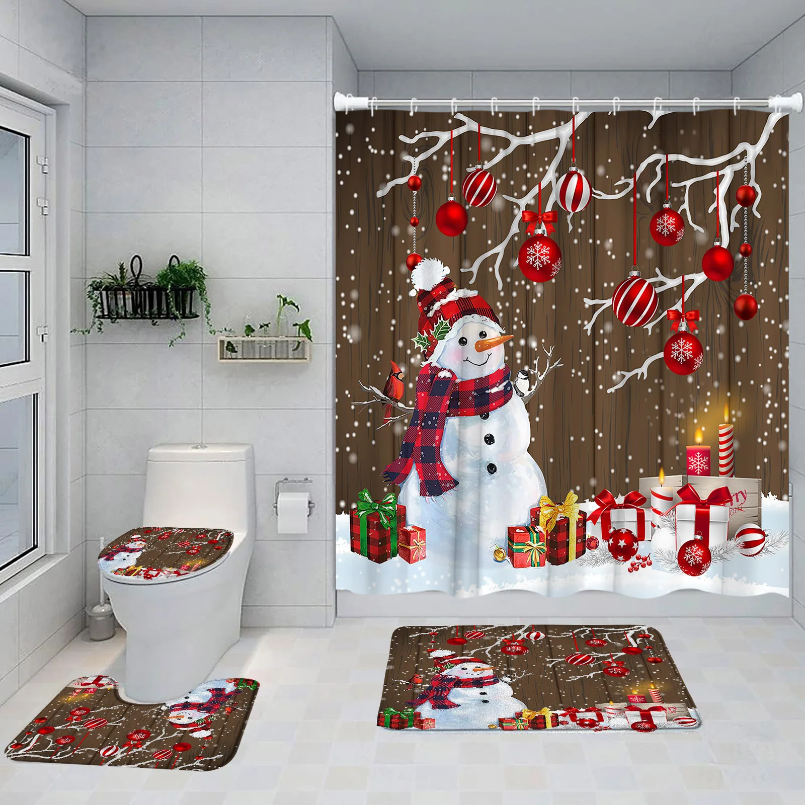 Christmas Shower Curtains Set Brown Wooden Board Snowman Red Xmas Ball Gift Snow Bathroom Decor Non-Slip Rug Bath Mat Toilet Lid